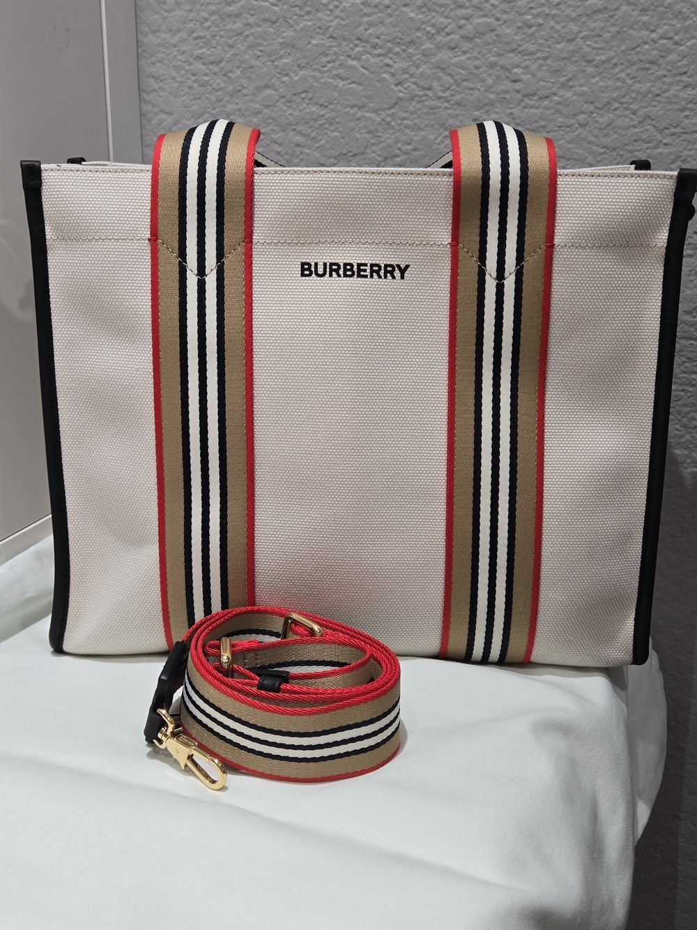 Burberry Canvas Icon Tote in Beige with Black Leather Trim - Picture 1 of 8